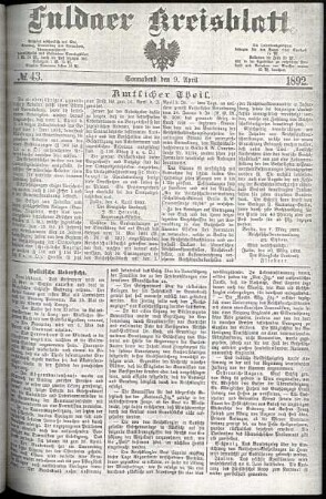Erste Ausgabe vom Samstag, den 09. April 1892.