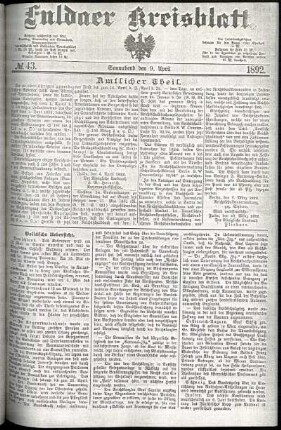 Erste Ausgabe vom Samstag, den 09. April 1892.