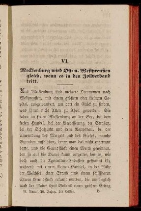 VI. Mecklenburg wird Ost- und Westpreußen gleich, wenn es in den Zollverband tritt