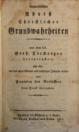 Unparteiischer Abriß Christlicher Grundwahrheiten