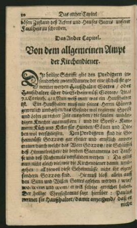 Das Ander Capitel. Von dem allgemeinen Ampt der Kirchendiener.