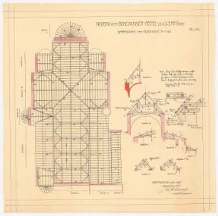 Benediktinerabtei St. Mauritius, Clerf (Clervaux): Sparrenlage der Abteikirche, Grundrisse und Schnitte 1:100