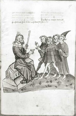 Moses ermahnt das israelitische Volk zum Einhalten des Bundes mit Gott : Moses ermahnt das israelitische Volk zum Einhalten des Bundes mit Gott. Textseite und Illustration aus der Historienbibel, fol. 175 recto. Handschrift und Federzeichnung, laviert; 39,6 x 27,2 cm. Elsaß, um 1440. Dresden: SLUB Mscr.Dresd.A.50