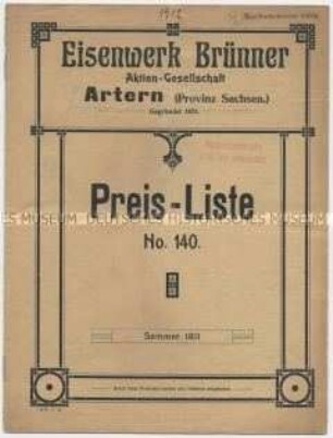 Preisliste über landwirtschaftliche Maschinen