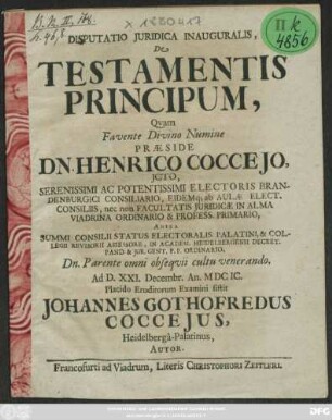 Disputatio Iuridica Inauguralis, De Testamentis Principum