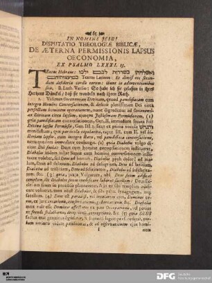 Disputatio Theologiae Biblicae, De Aeterna Permissionis Lapsus Oeconomia.
