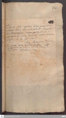 Testimonium von August Hermann Francke für Ehrgott Daniel Werschoffski.