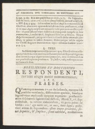 Nobilissimo Et Doctissimo Respondenti, Fautori Atque Amico Honoratissimo, S. P. D. Praeses