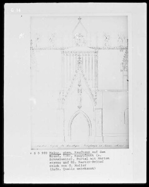 Mainz, Altes Kaufhaus (1314-1317, 1805 abgebrochen), Portal mit Marienstatue und dem heiligen Martin