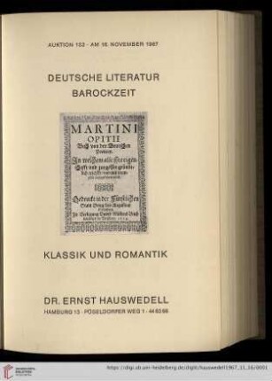 Nr. 153: Auktion / Dr. Ernst Hauswedell & Co.: Deutsche Literatur, Barockzeit, Klassik und Romantik : Versteigerung in Hamburg 16. November 1967