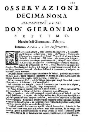 Osservazione Decima Nona all'Illustriss. et Eccell. Sig. Don Gieronimo Settimo Marchese di Giarratana ...