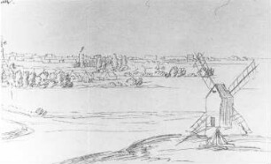 Prettin. Stadtansicht mit Bockmühle, aus: Wilhelm Dilichs Federzeichnungen kursächs. und meißn. Ortschaften aus den Jahren 1626-1629