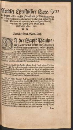 Artickel Christlicher Lere/ so da hetten sollen auffs Concilium zu Mantua/ oder wo es sonst worden were/ uberantwort werden/ von unsers Theils wegen ...