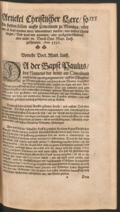 Artickel Christlicher Lere/ so da hetten sollen auffs Concilium zu Mantua/ oder wo es sonst worden were/ uberantwort werden/ von unsers Theils wegen ...