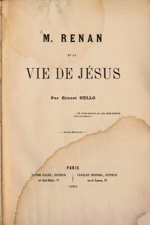 M. Renan et la Vie de Jésus : Par Ernest Hello