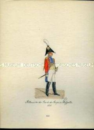 Uniformdarstellung, Rittmeister der Garde du Corps in Gala, 1811. Aus: Sammelmappe "Sachsens Militär", Königliche Arsenalsammlung.