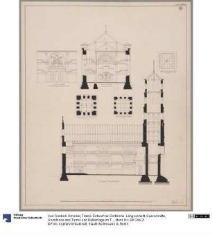 Flatow. Entwurf zur Dorfkirche. Längsschnitt, Querschnitte, Grundrisse des Turms und Balkenlage im Turm