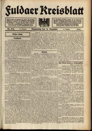 Erste Ausgabe vom Donnerstag, den 18. Dezember 1913.