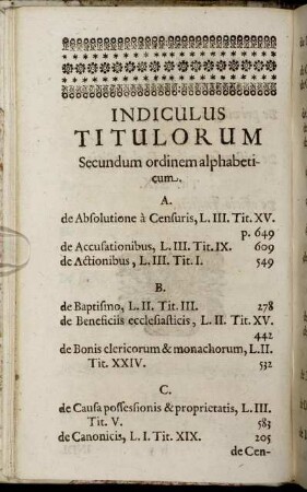 Indiculus Titulorum Secundum ordinem alphabeticum.