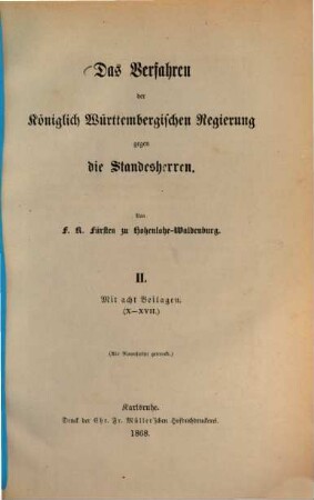 Das Verfahren der Königlich Württembergischen Regierung gegen die Standesherren, II