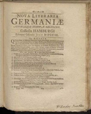 Nova Literaria Germaniæ...Collecta Hamburgi Editaque Calendis Julii MDCCIX.