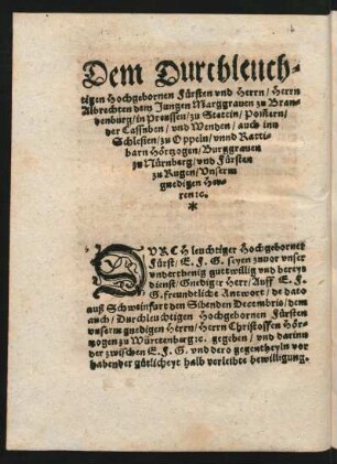 Dem Durchleuchtigen ... Herrn Albrechten dem Jungen Marggraven zu Brandenburg ...