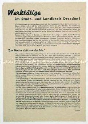 Aufruf der KPD Dresden zur freiwilligen Aufbauarbeit und zur Festigung der Einheitsfront der antifaschistisch-demokratischen Parteien