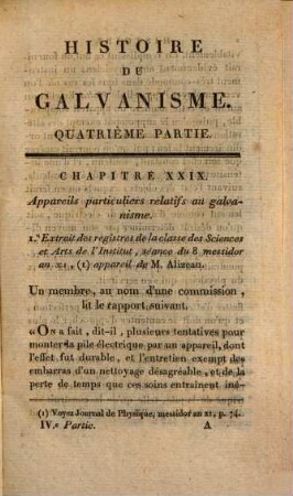 Histoire du Galvanisme; et analyse des différens ouvrages publiés sur cette découverte, depuis son origine jusqu'à ce jour. 4