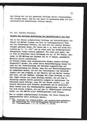 Aspekte der weiteren Entwicklung der Berufstätigkeit der Frau