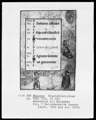 Gebetbuch mit Kalender — Kalenderseite Januar mit Monatsbild und Tierkreiszeichen, Folio 2recto