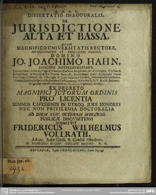 Dissertatio Inauguralis De Iurisdictione Alta Et Bassa