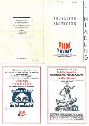Einladung zur Eröffnung des Kinos "Film-Palast", Fleinerstr. 26 von Willy Colm mit dem Film "Der Dieb von Bagdad"