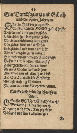 Eine Dancksagung und Gebeth umb die Newe Jahrszeit.
