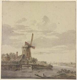 Kleiner Fluss, der ins Meer mündet, links eine Windmühle