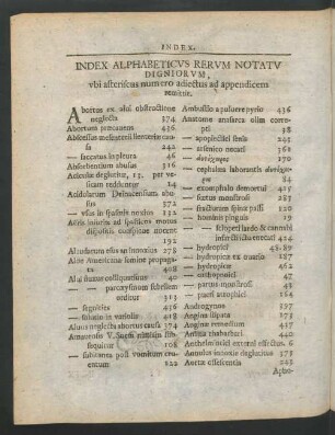 Index Alphabeticus Rerum Notatu Digniorum, ubi asteriscus numero adiectus ad appendicem remittit
