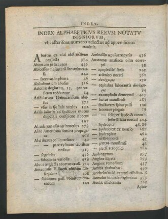 Index Alphabeticus Rerum Notatu Digniorum, ubi asteriscus numero adiectus ad appendicem remittit