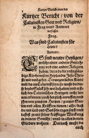Kurtzer Bericht von der Calvinischen Religion