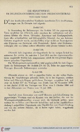Neue Folge 30 = Jahrgang 54: Die Kunstwerke im Deutsch-Österreichischen Friedensvertrag