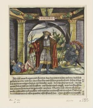 Cicero mit der Waage, aus: "OFFICIA M.T.C. EJn Bůch So Marcus Tullius Cicero der Römer zů seynem Sune Marco von den tugentsamen ämptern [...]", Augsburg 1533