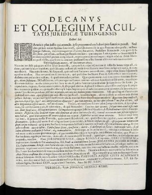 Decanvs @[Decanus] Et Collegium Facultatis Juridicae Tubingensis Lectori Sal.
