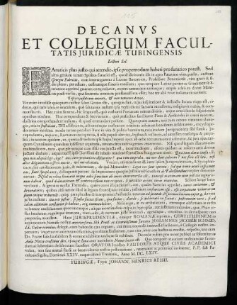 Decanvs @[Decanus] Et Collegium Facultatis Juridicae Tubingensis Lectori Sal.