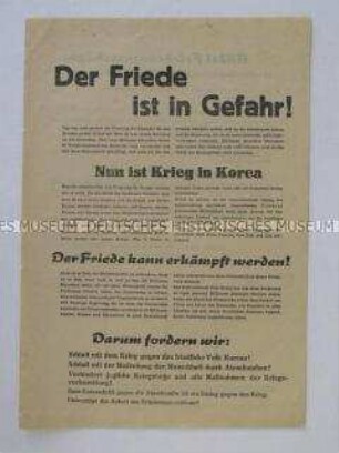 Propagandaflugblatt aus der Friedensbewegung u.a. zum Korea-Krieg