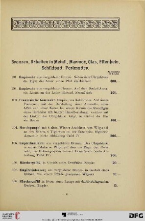 Bronzen, Arbeiten in Metall, Marmor, Glas, Elfenbein, Schildpatt, Perlmutter (Nr. 101-165)