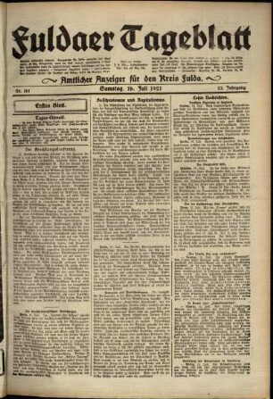 Erste Ausgabe vom Samstag, den 16. Juli 1921.