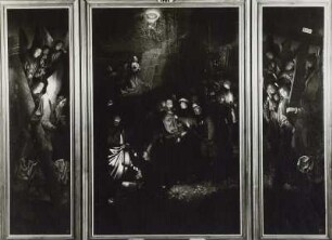 Flügelaltar (geöffnet): Mittelbild Gefangennahme Christi, Innenseiten Engel mit Leidensgeräten