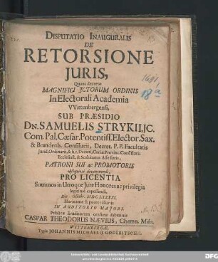 Disputatio Inauguralis De Retorsione Iuris