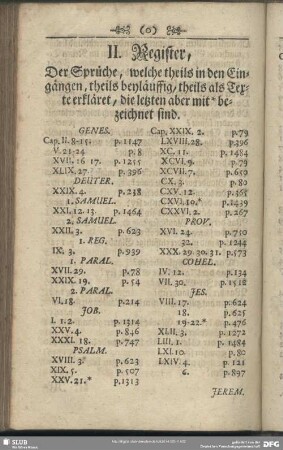 II. Register, Der Sprüche, welche theils in den Eingängen, theils beyläuffig, theils als Texte erkläret, die letzten aber mit * bezeichnet sind