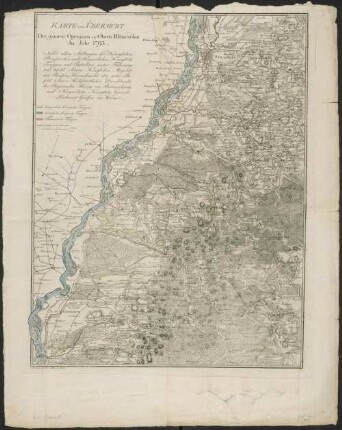 Karte und Übersicht Der ganzen Operation am Obern Rheinstrohm im Jahr 1793 : nebst allen Stellungen der Königlichen Preussischen und Kayserlichen Königliche Truppen und Batallien unter Führung und Befehl Seiner Königlichen Majestät von Preussen,Hernachmahls aber unter Befehl Seiner Hochfürstlichen Durchlaucht des Regierenden Herzog von Braunschweig und Kayserliche Königliche General Lieutnant Graffen von Wurmser