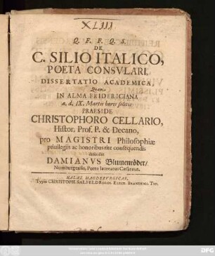 De C. Silio Italico, Poeta Consulari, Dissertatio Academica