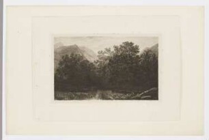 Landschaft mit Teich, Bäumen und hohen Bergen, aus: "Radierversuche III"